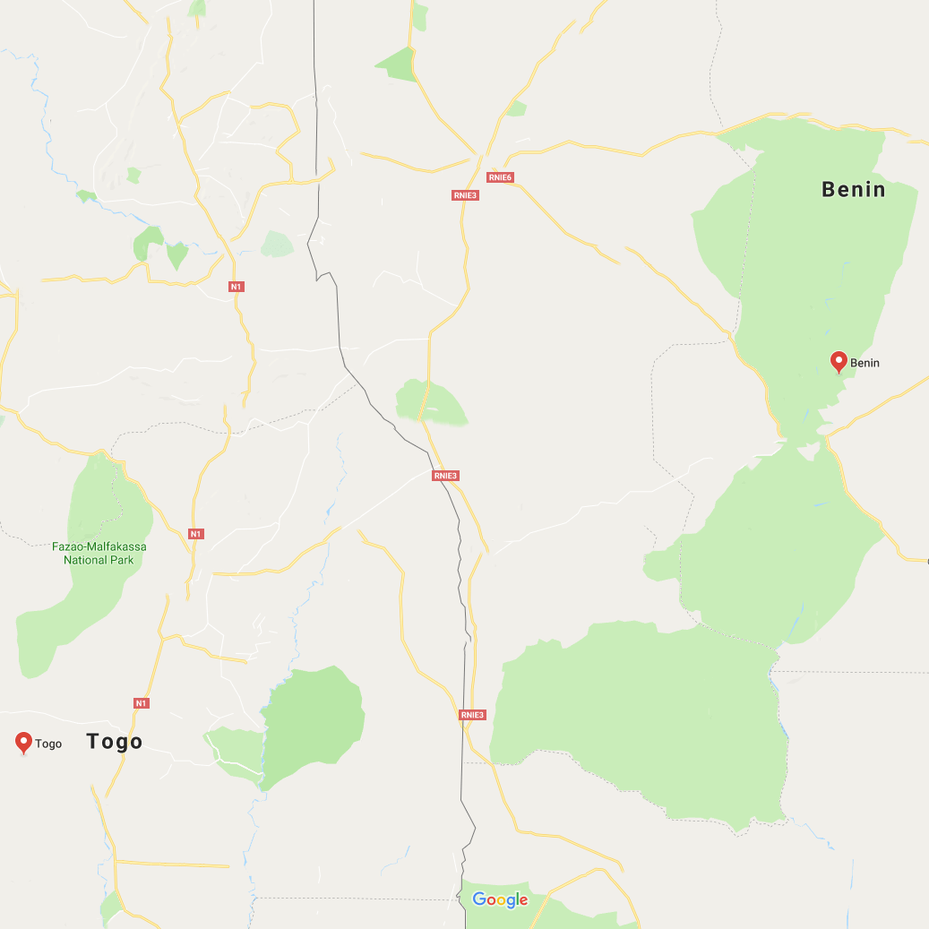 Illustratie: weergave van Google Map met op de kaart Benin en Togo voor bij het gedicht over koffie to-go. Of wat het nou Togo? Of Benin?