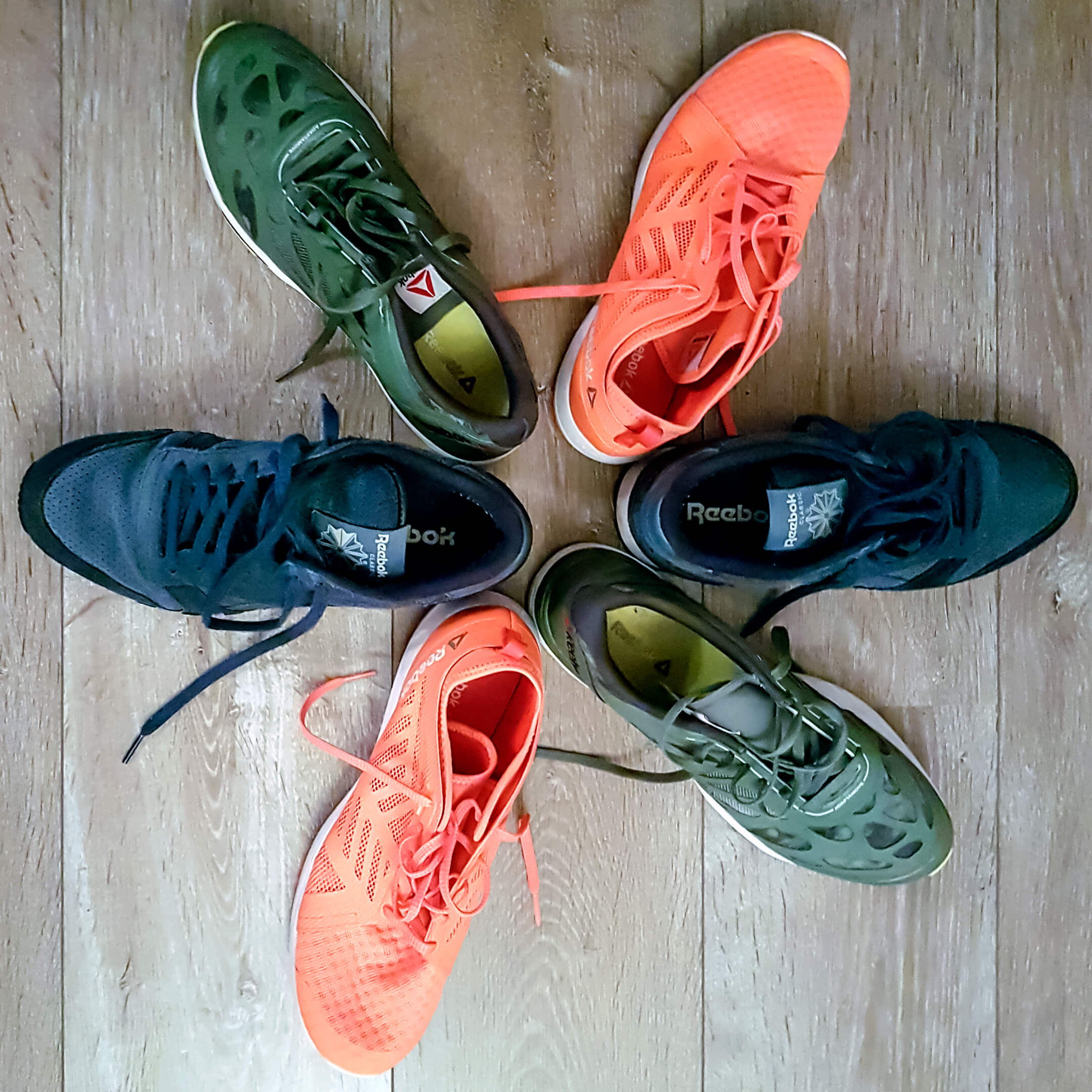 Foto van 6 sportschoenen van het merk Reebok. Op de foto zijn de schoenen in een stervorm geplaatst met de neuzen van de schoenen naar buiten. De Reeboks zijn roze, groen en blauw. De foto hoort bij het gedicht Lijf.